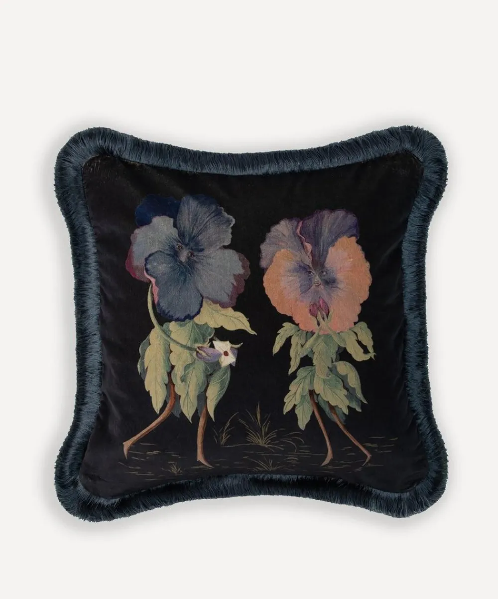 House of Hackney Cushions|Living Room^Amatoria Pansies Medium Cotton Velvet Fringed Cushion