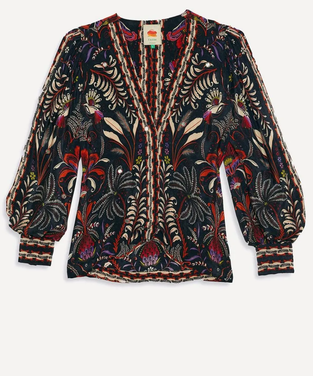 FARM Rio Tops^Black Classic Garden Mirror Trim Blouse