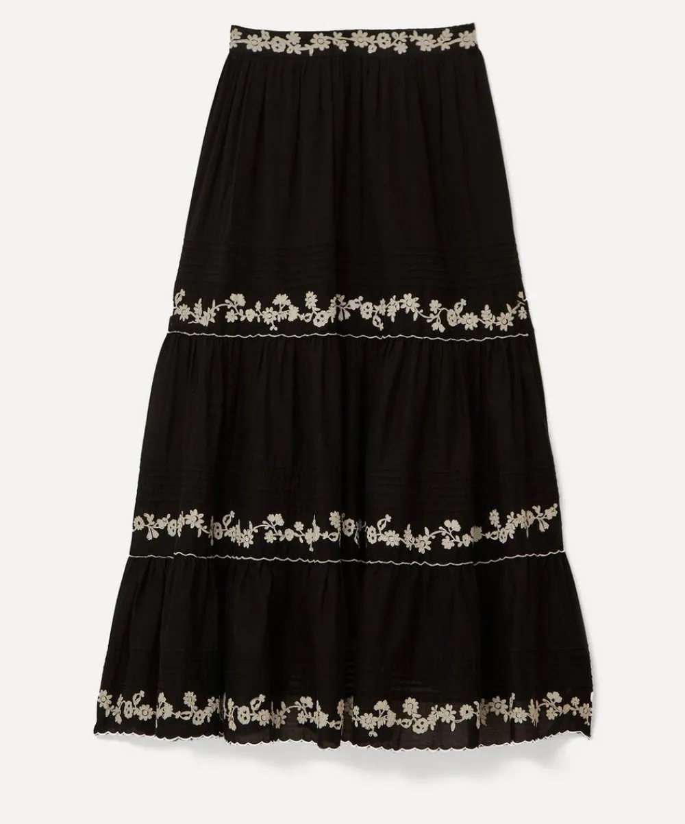FARM Rio Skirts^Black Embroidered Ruffle Maxi Skirt