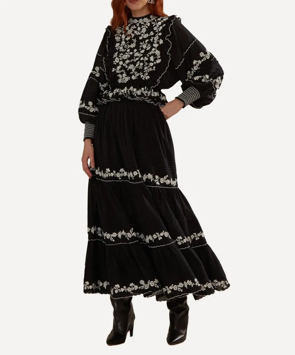 FARM Rio Skirts^Black Embroidered Ruffle Maxi Skirt