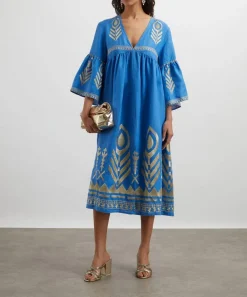 Kori Dresses^Blue-Gold Feather Linen Midi Dress