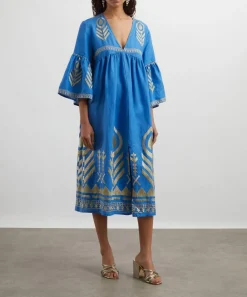 Kori Dresses^Blue-Gold Feather Linen Midi Dress