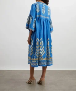 Kori Dresses^Blue-Gold Feather Linen Midi Dress