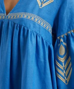 Kori Dresses^Blue-Gold Feather Linen Midi Dress