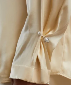 Alberta Ferretti Tops^Cream Yellow Glossy Satin Shirt with Knot Tie