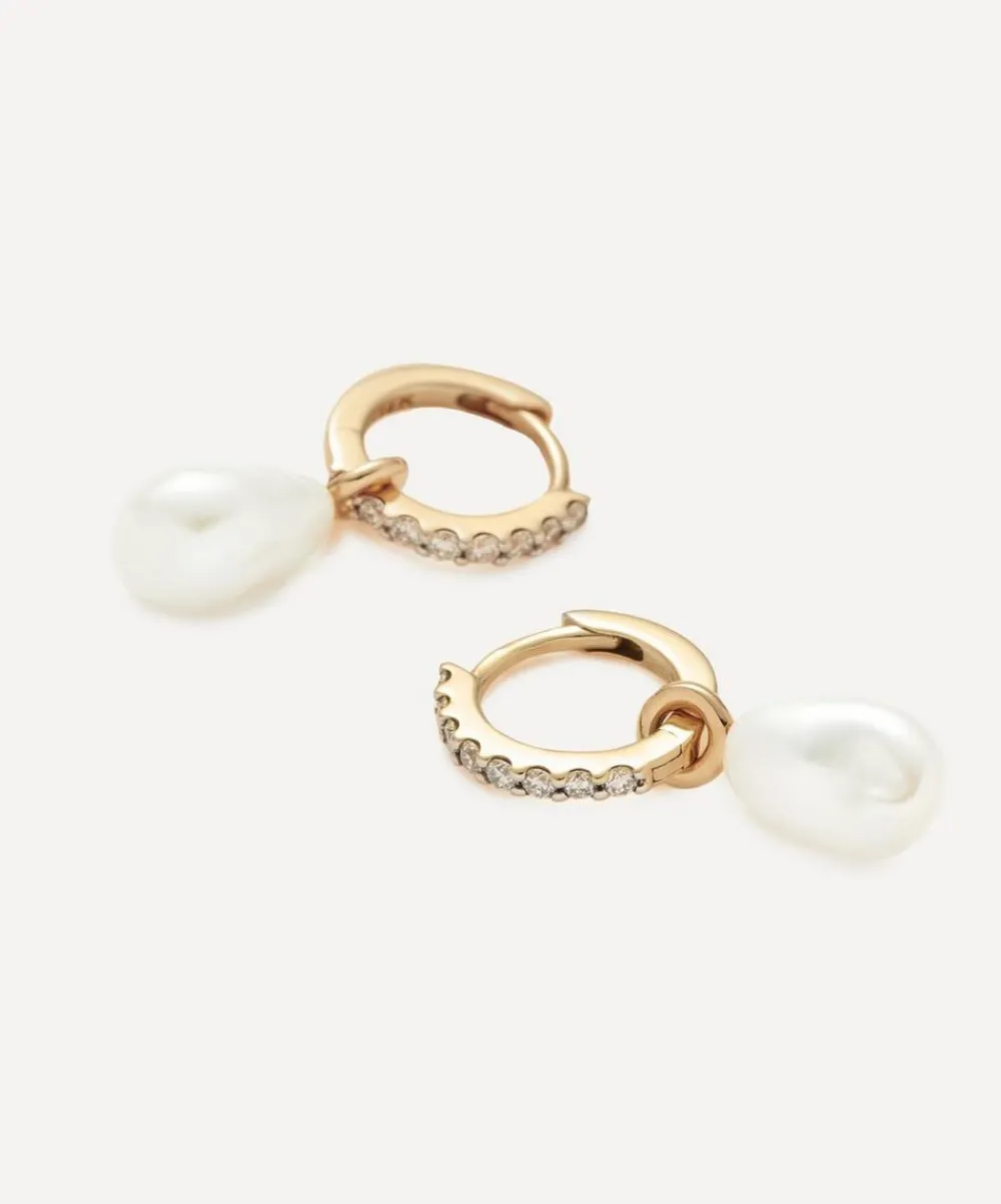 Missoma Earrings^14ct Gold Fine Diamond and Pearl Charm Hoop Earrings