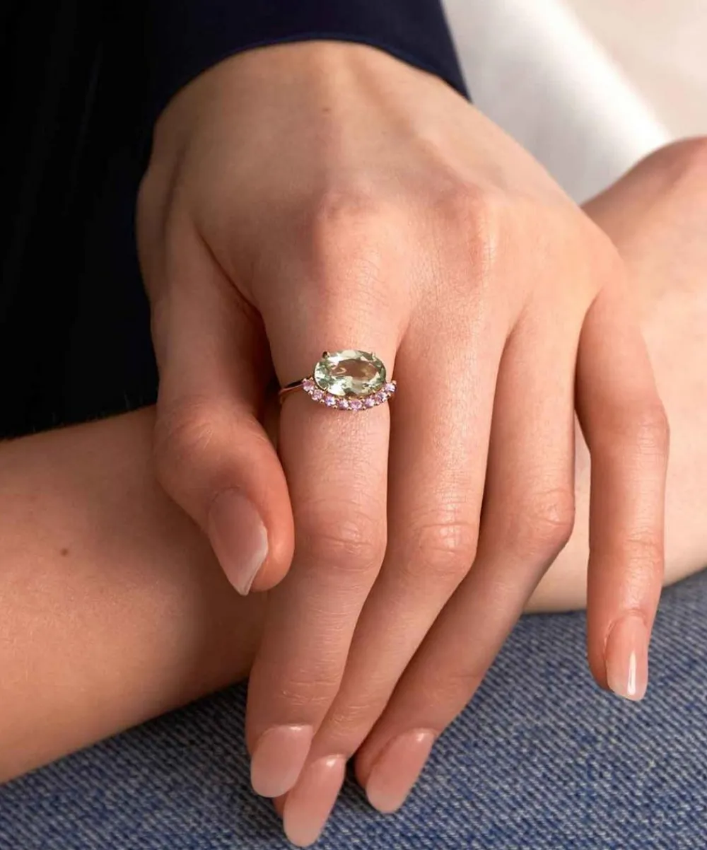 Dinny Hall Rings^9ct Gold Green Amethyst and Pink Sapphire Ring
