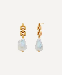 Monica Vinader Earrings^18ct Gold Plated Vermeil Silver Baroque Pearl Chain Drop Earrings