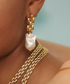 Monica Vinader Earrings^18ct Gold Plated Vermeil Silver Baroque Pearl Chain Drop Earrings