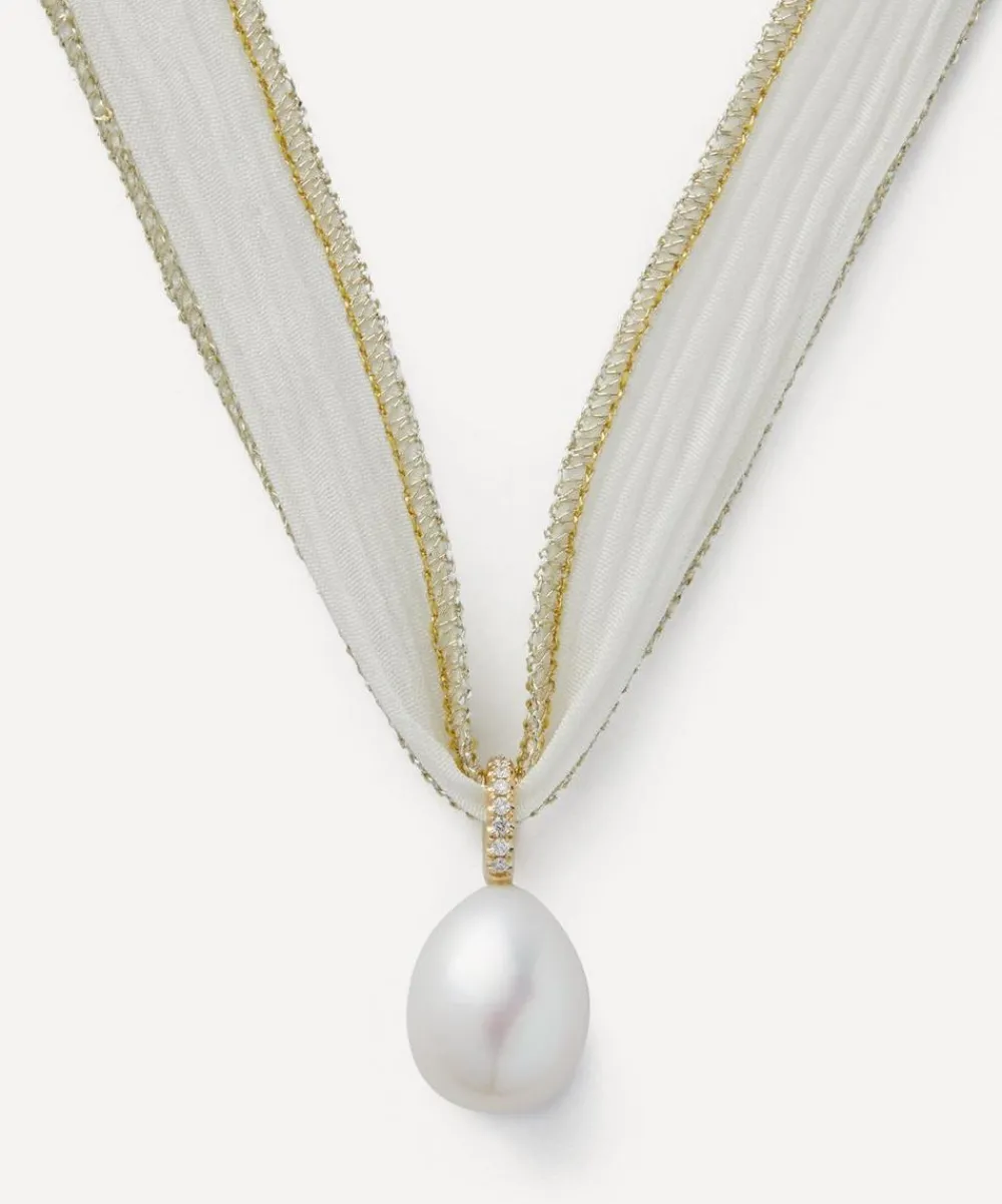 Mizuki Necklaces^14ct Gold White Silk and Diamond Pearl Necklace