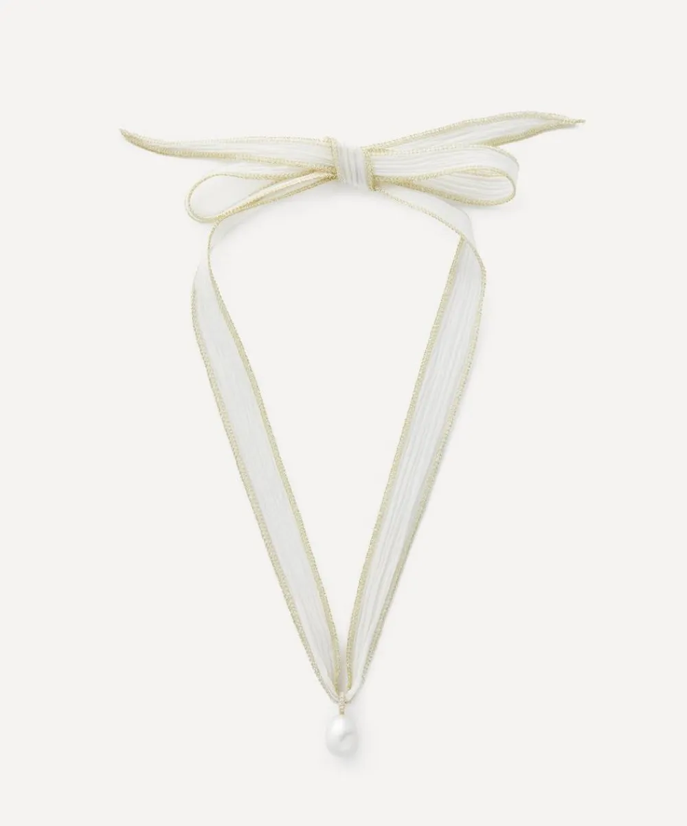 Mizuki Necklaces^14ct Gold White Silk and Diamond Pearl Necklace