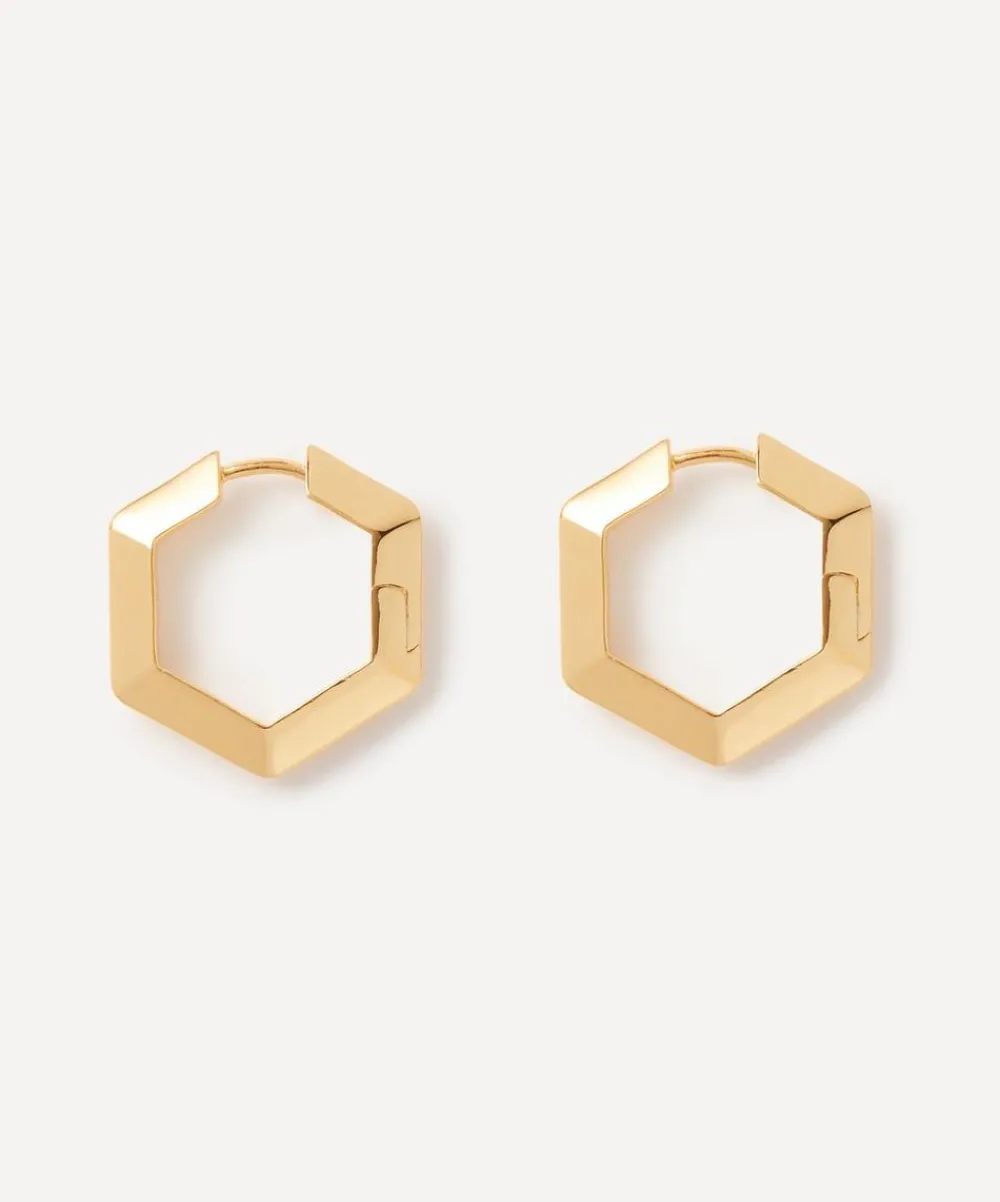 Rachel Jackson Earrings^22ct Gold-Plated Large Bevelled Hexagon Hoop Earrings