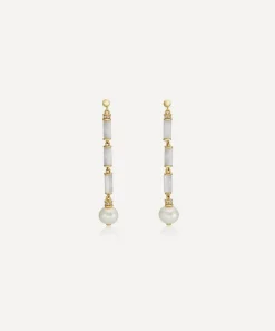 Laura Vann Earrings^18ct Gold-Plated Vermeil Silver Column Longline Pearl Drop Earrings