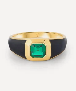 Laura Vann Rings^18ct Gold-Plated Vermeil Silver Sophie Black Enamel and Emerald Signet Ring