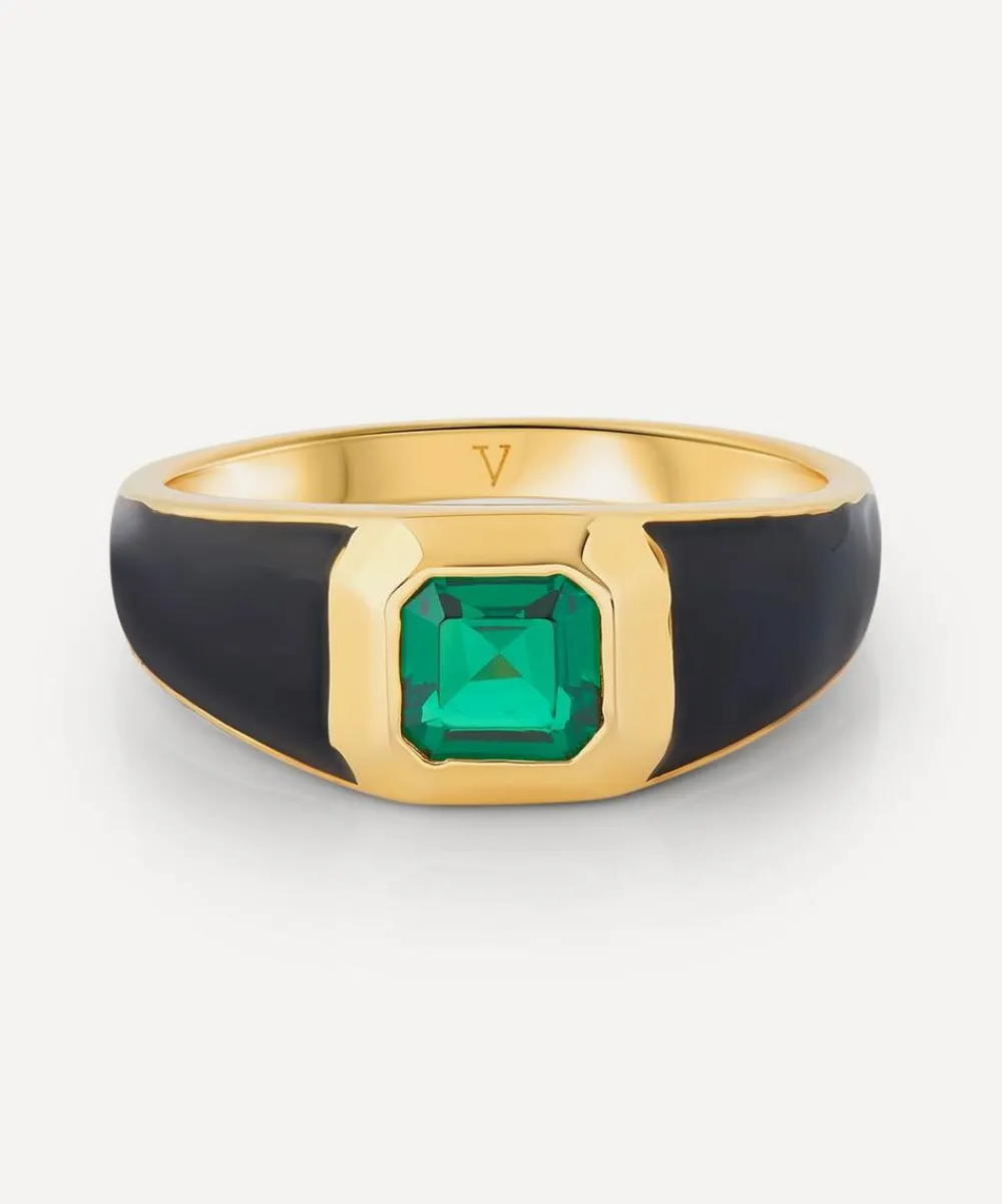 Laura Vann Rings^18ct Gold-Plated Vermeil Silver Sophie Black Enamel and Emerald Signet Ring