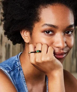 Laura Vann Rings^18ct Gold-Plated Vermeil Silver Sophie Black Enamel and Emerald Signet Ring