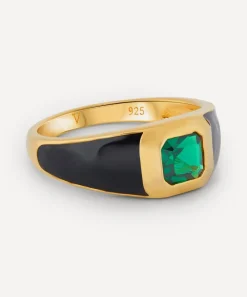 Laura Vann Rings^18ct Gold-Plated Vermeil Silver Sophie Black Enamel and Emerald Signet Ring