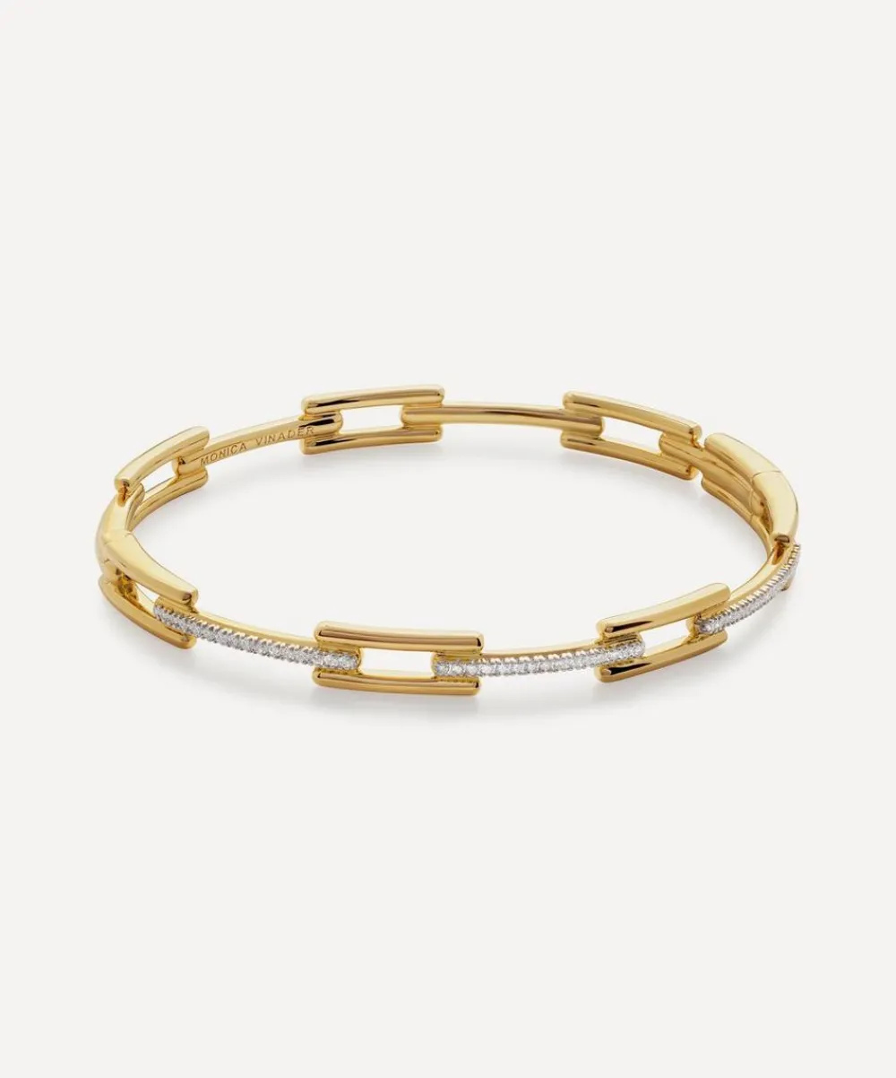 Monica Vinader Bracelets^18ct Gold-Plated Vermeil Silver Diamond Signature Link Skinny Bangle Bracelet