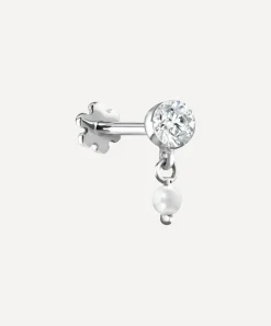 Maria Tash Earrings|Earrings^18ct 3mm Invisible Set Diamond and Pearl Dangle Threaded Stud Earring