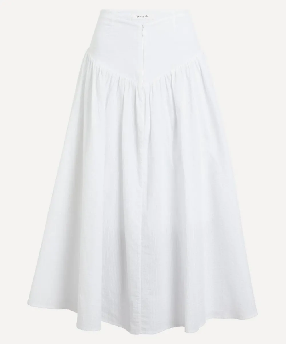 Peachy Den Skirts^Deba Seersucker Porcelain Midi Skirt