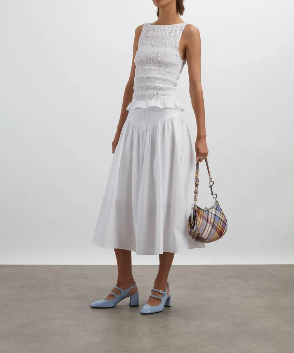 Peachy Den Skirts^Deba Seersucker Porcelain Midi Skirt