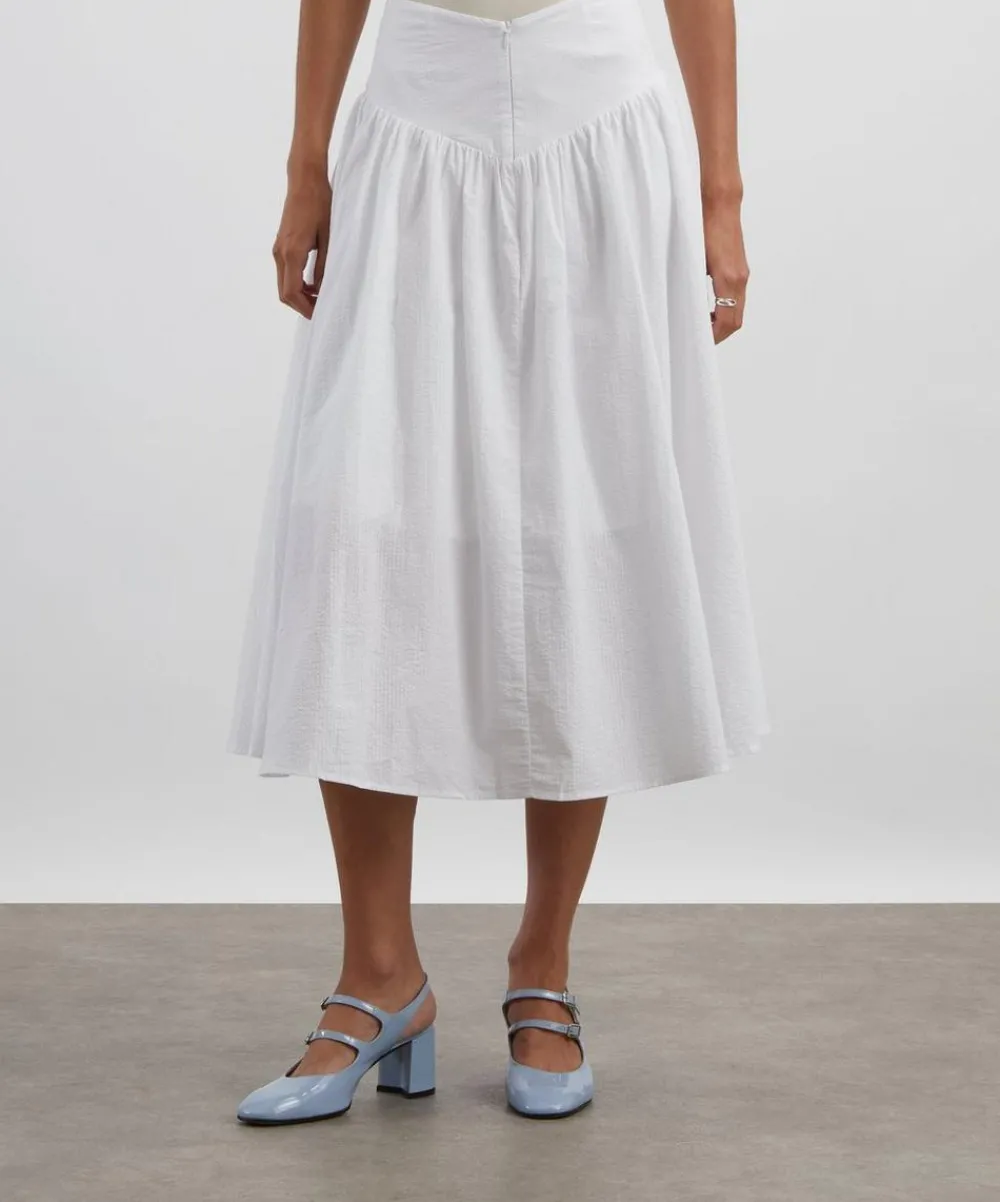 Peachy Den Skirts^Deba Seersucker Porcelain Midi Skirt