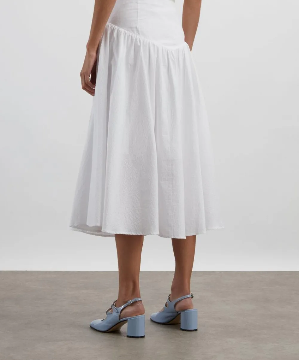 Peachy Den Skirts^Deba Seersucker Porcelain Midi Skirt