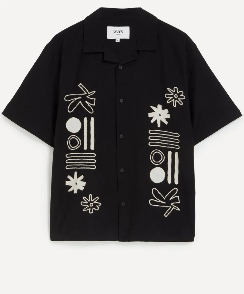 Wax London Shirts^Didcot Black and Ecru Abstract Applique Short-Sleeve Shirt