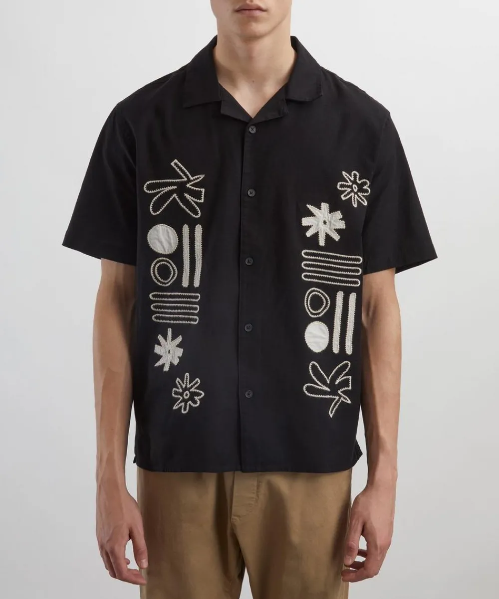 Wax London Shirts^Didcot Black and Ecru Abstract Applique Short-Sleeve Shirt