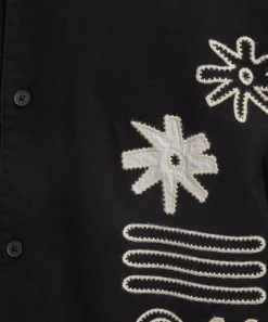 Wax London Shirts^Didcot Black and Ecru Abstract Applique Short-Sleeve Shirt