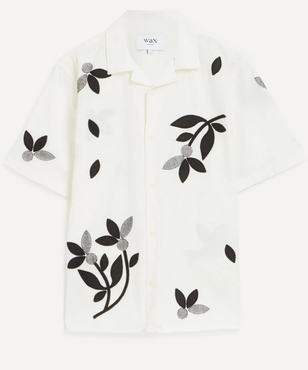 Wax London Shirts^Didcot Ecru-Black Bloom Applique Short-Sleeve Shirt