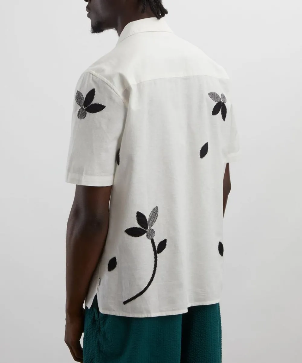 Wax London Shirts^Didcot Ecru-Black Bloom Applique Short-Sleeve Shirt
