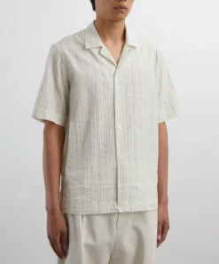 Paul Smith Shirts^Ecru Cotton-Linen Textured Stripe Short-Sleeve Shirt