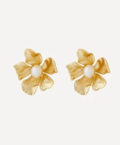 Kenneth Jay Lane Earrings^Gold-Plated Pearl Center Flower Earrings