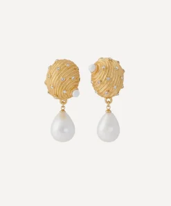 Kenneth Jay Lane Earrings^Gold-Plated Seashell Pearl Drop Clip-On Earrings