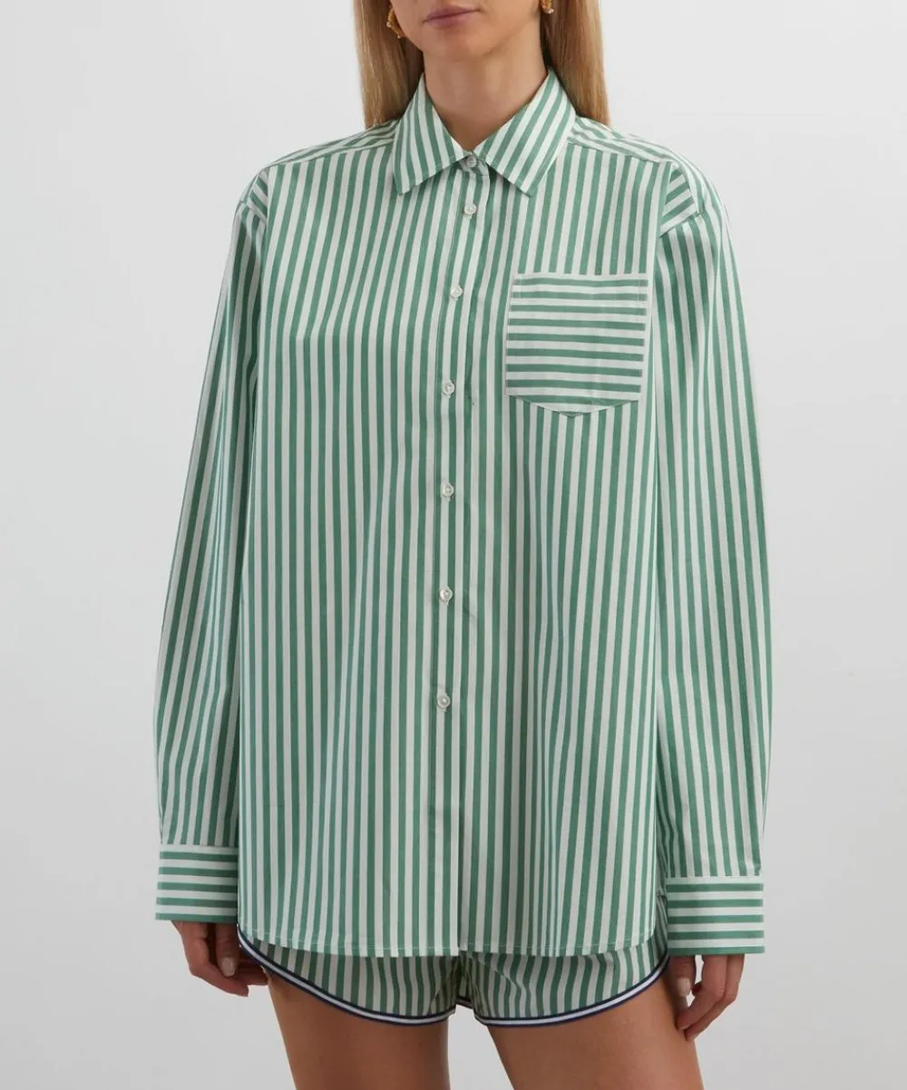 Solid & Striped Tops^Green-White Stripe Avril Button-Down Shirt