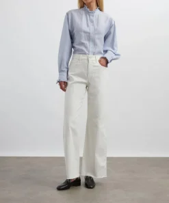 Mondo Corsini Tops^Jo Blue-White Pinstripe Linen Weave Blouse