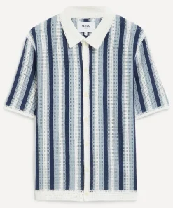 Wax London Knitwear & Sweats^Porto Blue And Ecru Stripe Crochet Knitted Polo Shirt