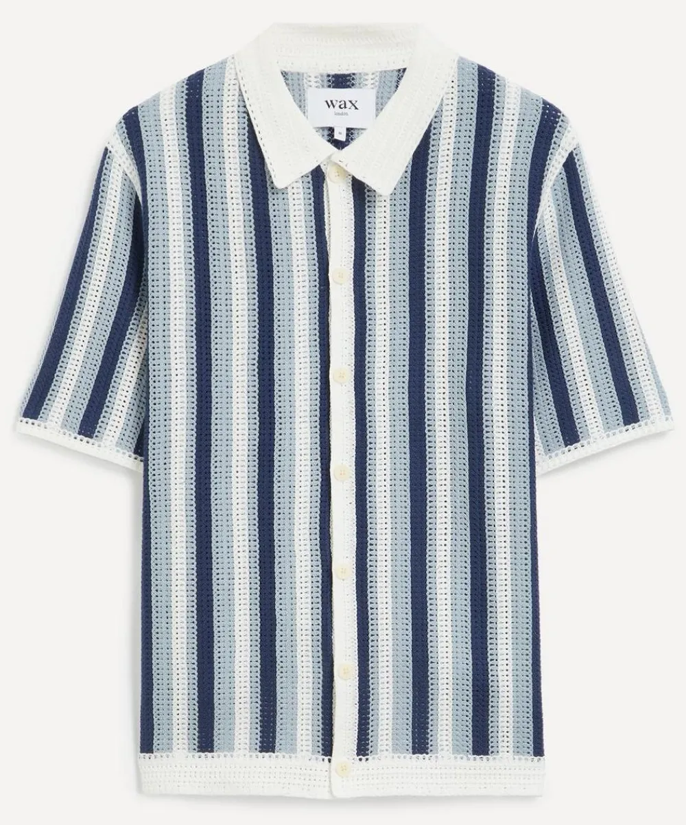 Wax London Knitwear & Sweats^Porto Blue And Ecru Stripe Crochet Knitted Polo Shirt