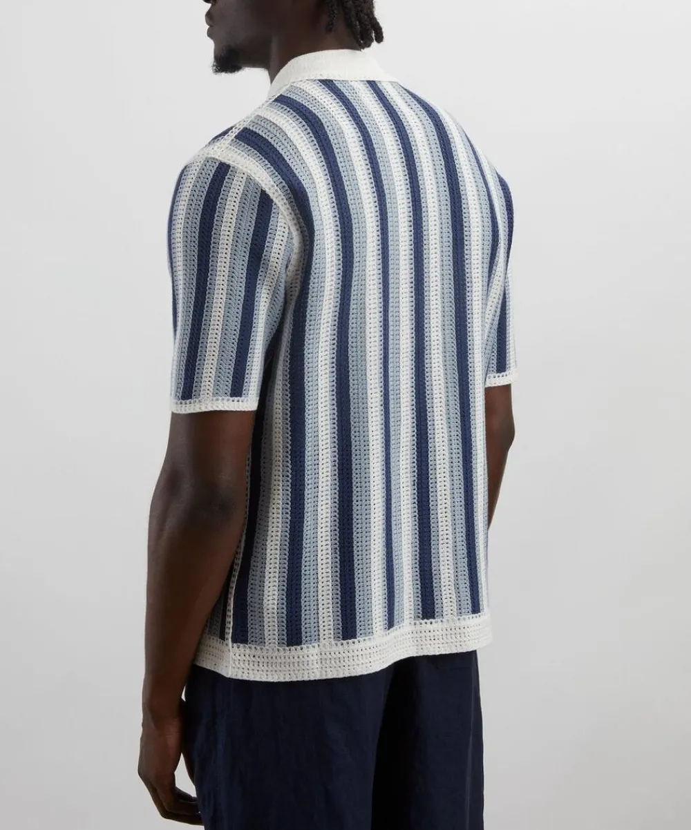 Wax London Knitwear & Sweats^Porto Blue And Ecru Stripe Crochet Knitted Polo Shirt
