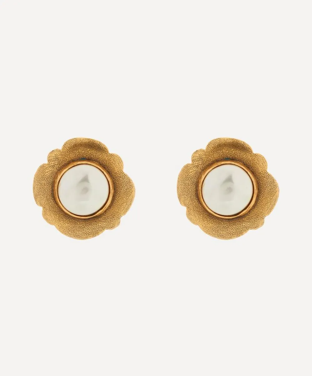 Designer Vintage Earrings^1980’s Chanel Gilt And Faux Pearl Camellia Earrings