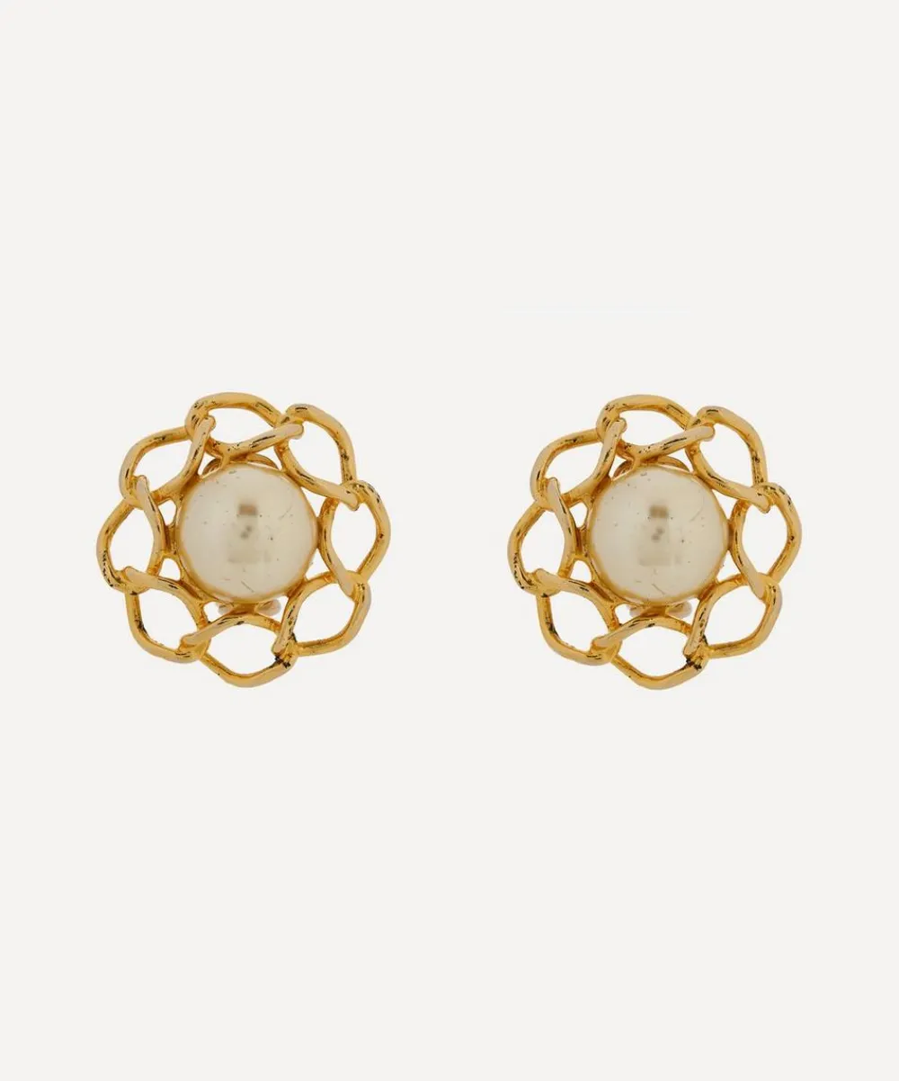 Designer Vintage Earrings^1980’s Chanel Gilt And Faux Pearl Camellia Earrings
