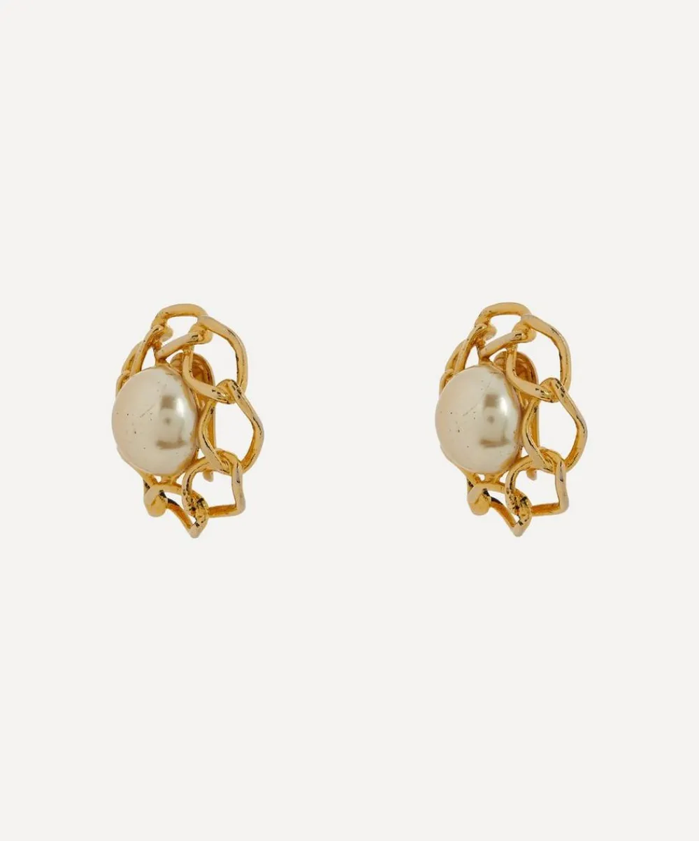 Designer Vintage Earrings^1980’s Chanel Gilt And Faux Pearl Camellia Earrings