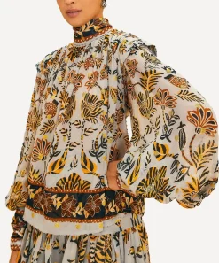 FARM Rio Tops^Silver Floral Tapestry Long Sleeve Blouse