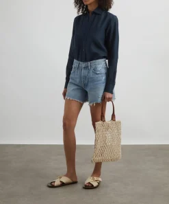 With Nothing Underneath Tops^The Boyfriend Navy Blue Linen Shirt