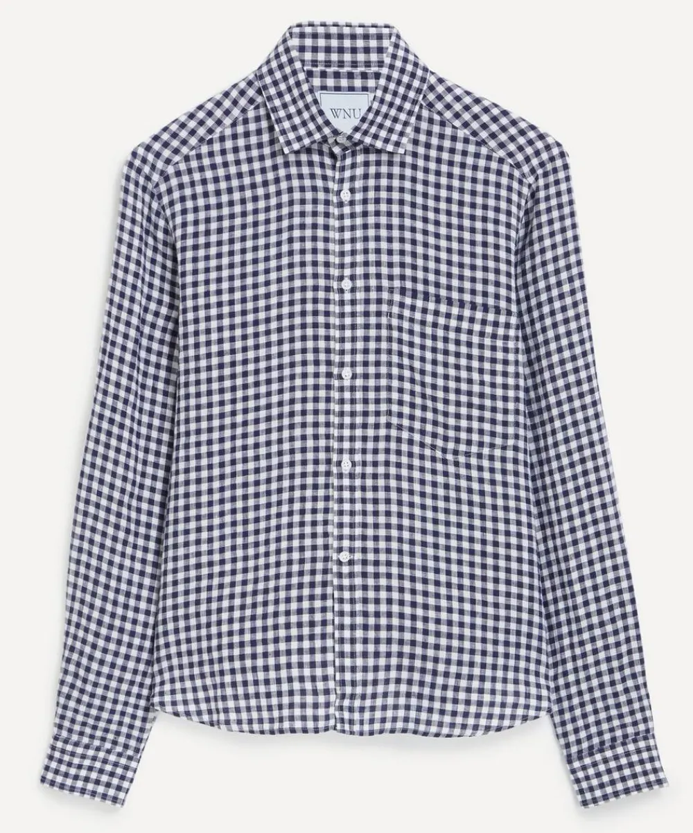 With Nothing Underneath Tops^The Classic Navy Blue Gingham Shirt