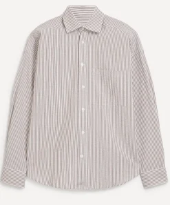 With Nothing Underneath Tops^The Weekend Seersucker Mocha Stripe Shirt