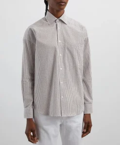 With Nothing Underneath Tops^The Weekend Seersucker Mocha Stripe Shirt