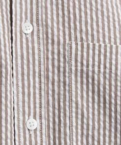 With Nothing Underneath Tops^The Weekend Seersucker Mocha Stripe Shirt