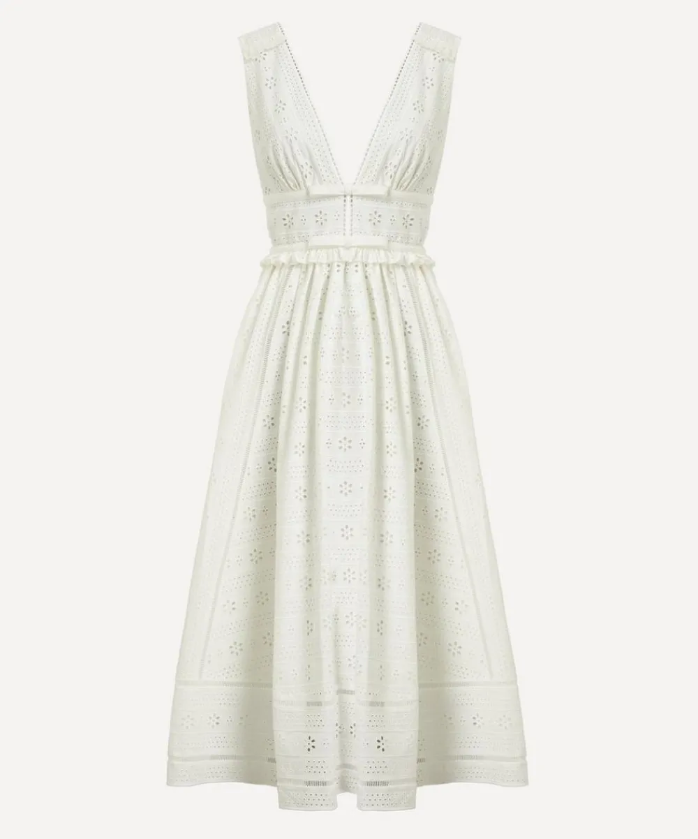 Self-Portrait Dresses^White Cotton Broderie Midi Dress